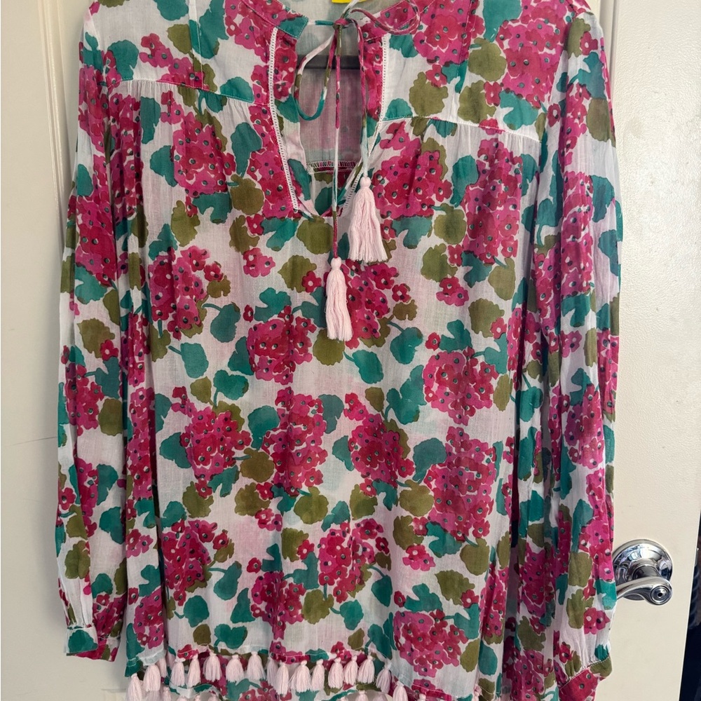 Roberta Roller Rabbit Pink Floral Print Women's Top with Tassels size MED
